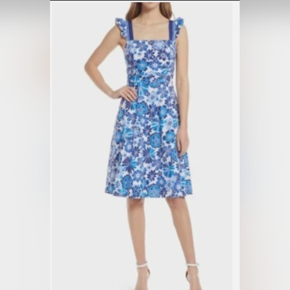 Tahari ASL Blue & White Floral Ruffle Strap Dress Size 8